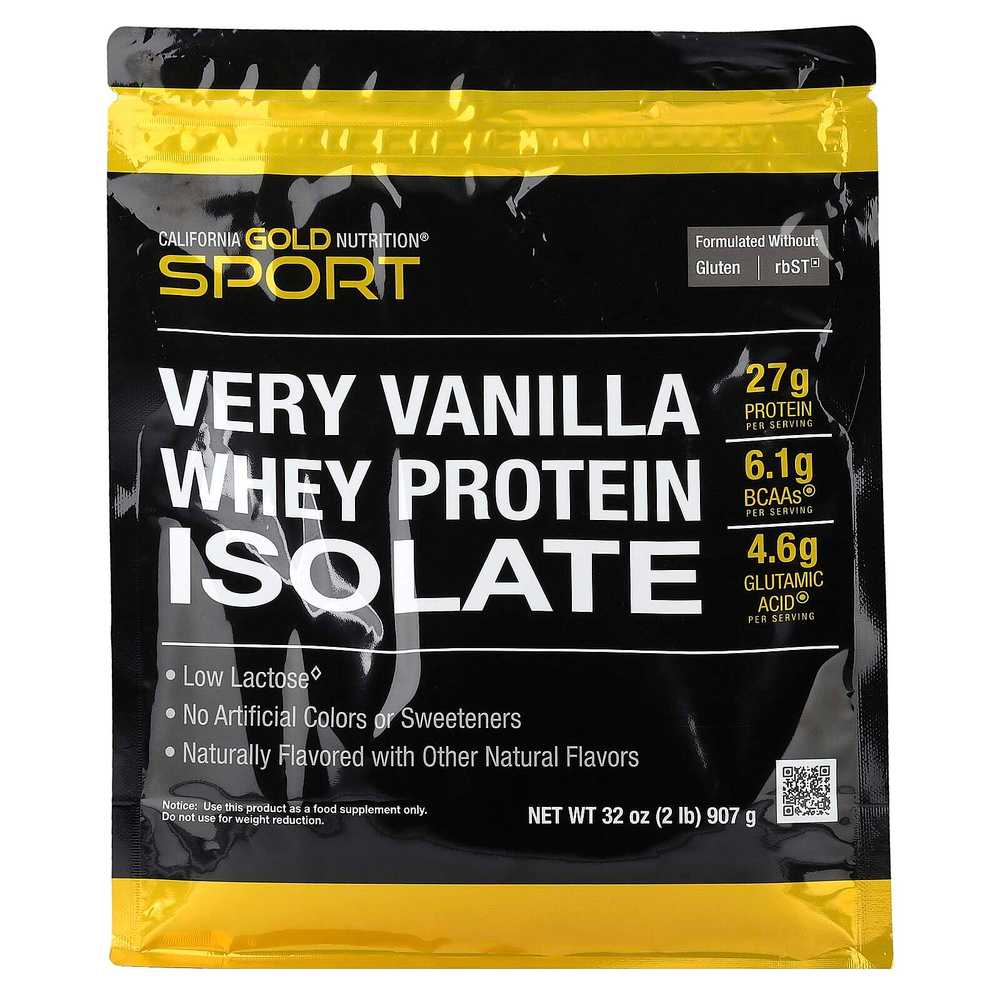 California Gold Nutrition, Sport, изолят сывороточного протеина с органическим тростниковым сахаром и подсолнечным лецитином, со вкусом ванили, 907 г (2 фунта)