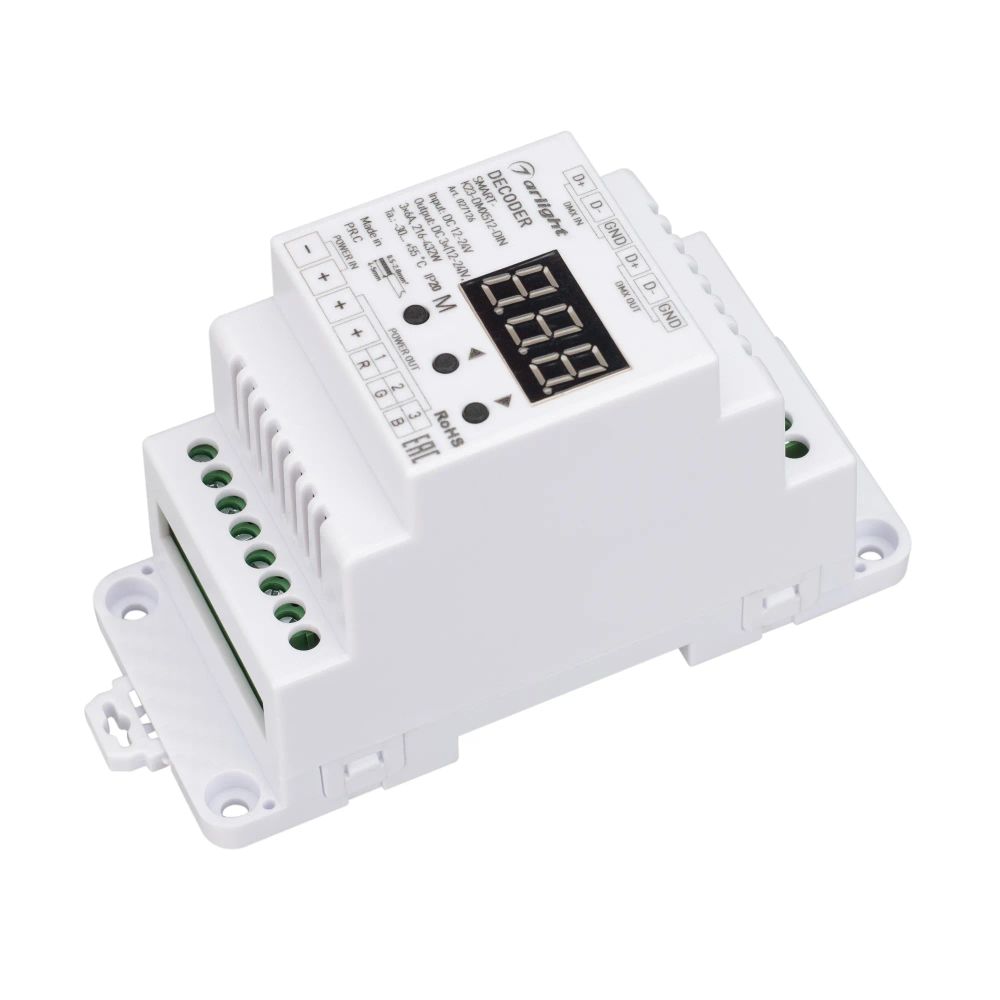 Декодер SMART-K23-DMX512-DIN (12-24V, 3x6A) (Arlight, IP20 Пластик, 5 лет) 027126