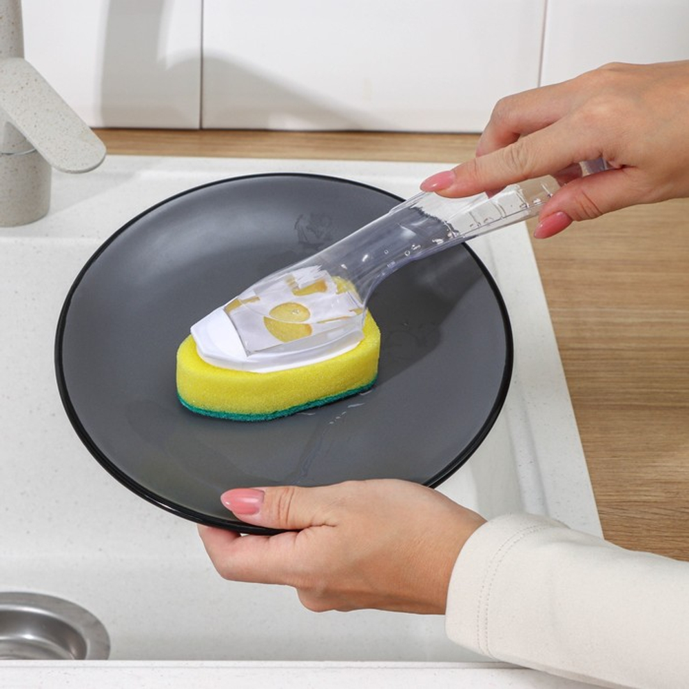 Губка для посуды Доляна, с ручкой дозатором, поролон, абразивное покрытие, 24×5.5×8 см