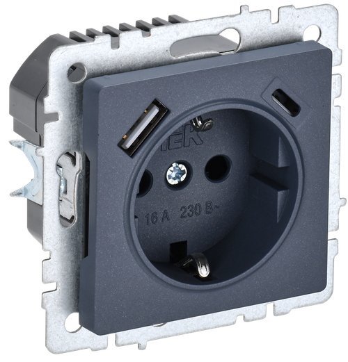 BRITE Розетка 1-местная с заземлением с защитными шторками 16А с USB A+C 18Вт РЮш11-1-БрМ маренго IEK