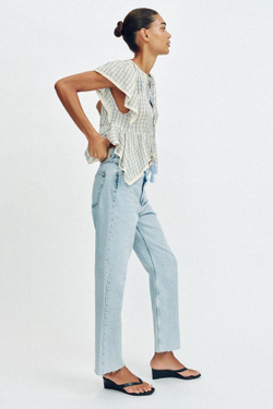 ZARA ТОП В КЛЕТКУ С ВЫШИВКОЙ И КРУЖЕВОМ, СИНИЙ/БЕЛЫЙ