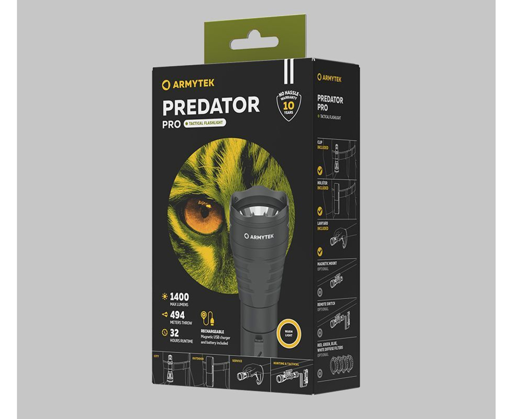 Фонарь подствольный Armytek Predator Pro Magnet USB XHP35 HI, 1400 lm, тёплый, до 494м, 1x18650, IP68,136г