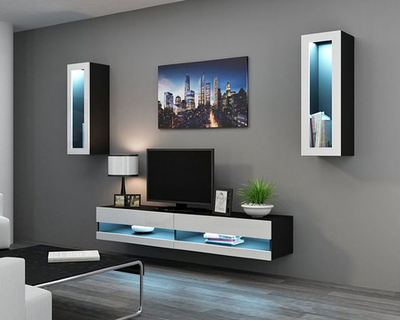 Гостиная Виго нью 11 Белый Фасадный 0101 / Черный 0190 250*42*180 см, Белый Фасадный, Черный   Фиеста