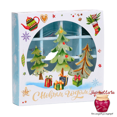 Упаковка для 16 конфет с обечайкой с окном ЕЛОЧКИ 177*177*38 мм