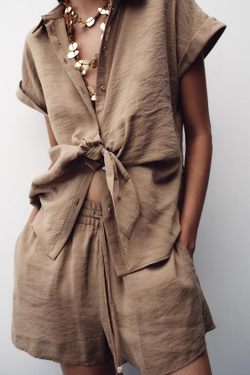 ZARА БЕРМУДЫ НА ШНУРКЕ С БУСИНАМИ, СЕРО-КОРИЧНЕВЫЙ