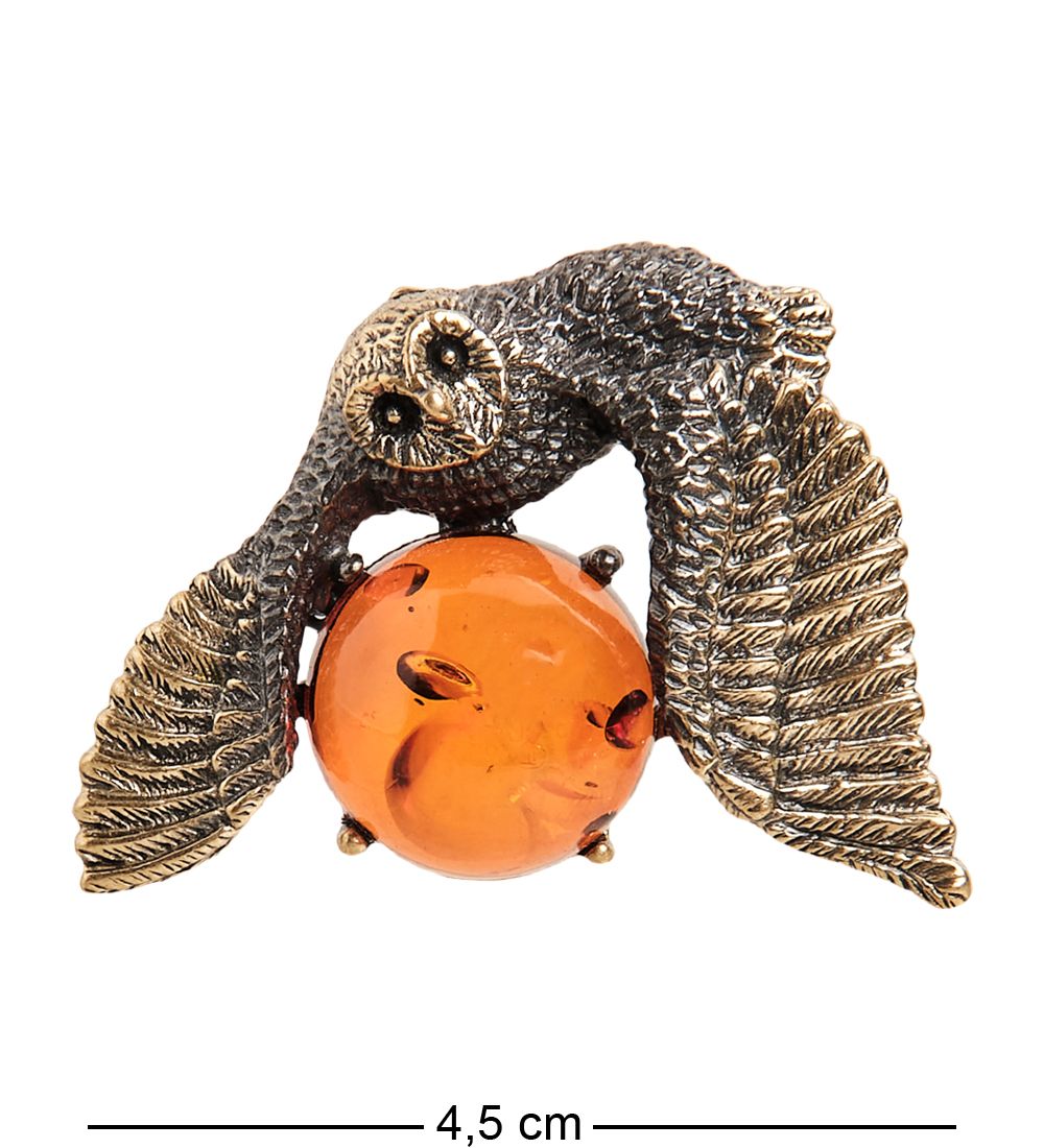 AM- 945 Брошь «Сова» (латунь, янтарь)