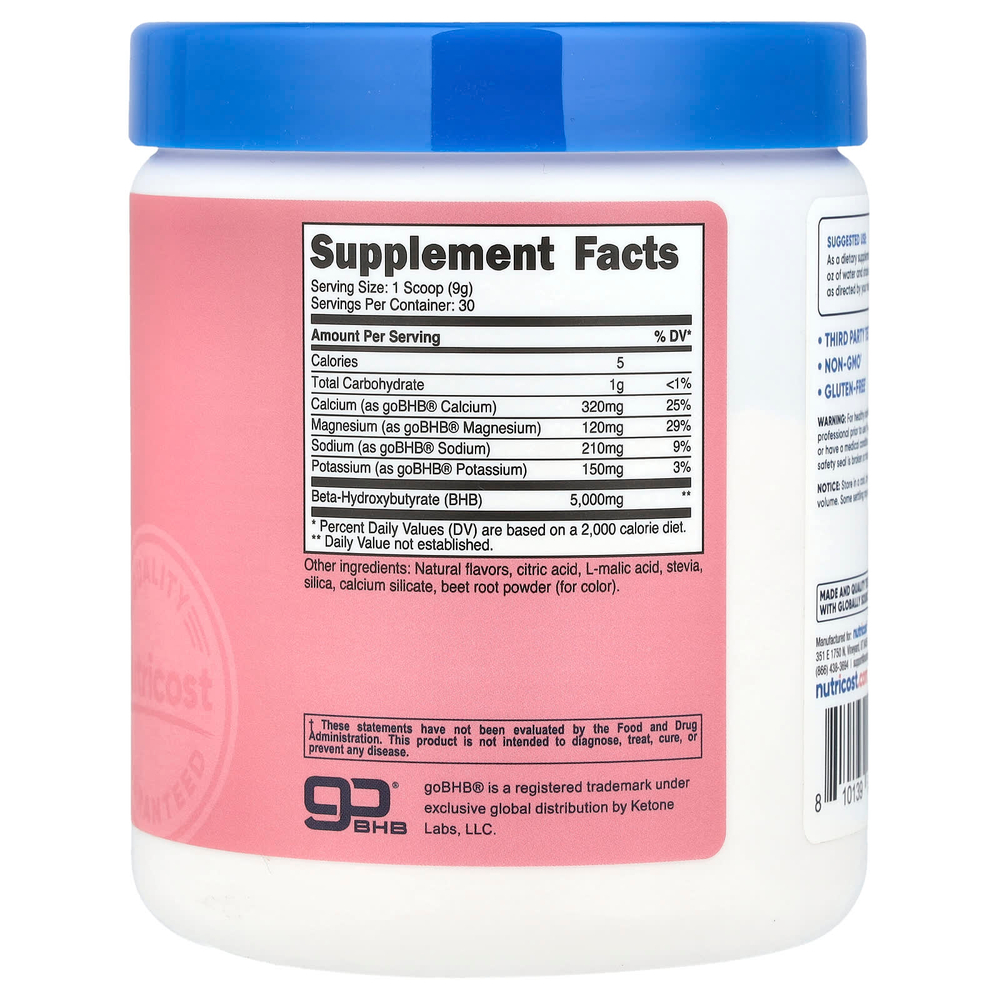 Nutricost, BHB Salts, goBHB®, клубничный лимонад, 267 г (9,5 унции)