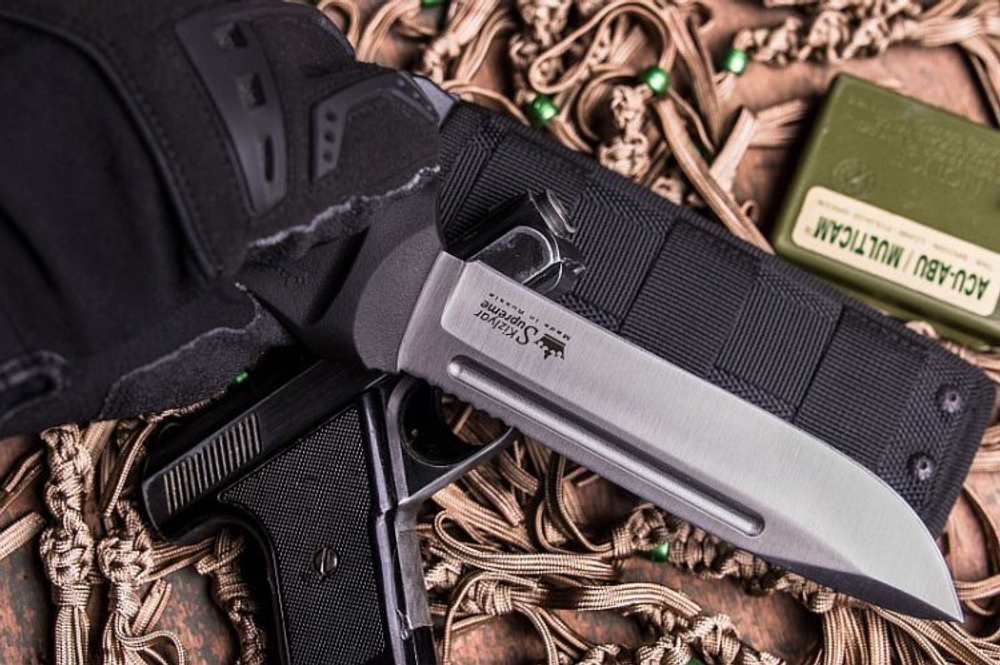 Нож Kizlyar Supreme DOMINUS AUS-8 SW BKH Camo (StoneWash, Black Kraton Handle, Camo MOLLE Sheath)