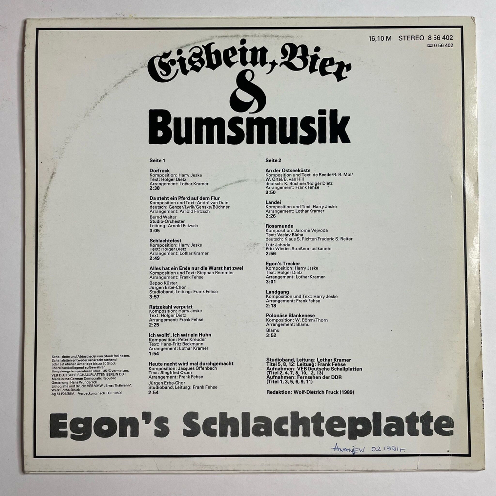 Винтажная виниловая пластинка LP Egon Eisbein, Bier and Bumsmusik Egon Schlachteplatte (ГДР 1989)