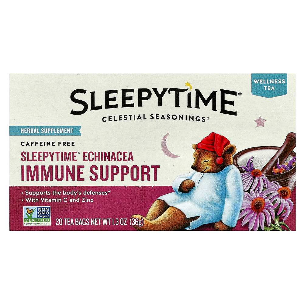 Celestial Seasonings, Wellness Tea, Sleepytime® для поддержки иммунитета и эхинацеи, без кофеина, 20 чайных пакетиков, 36 г (1,3 унции)