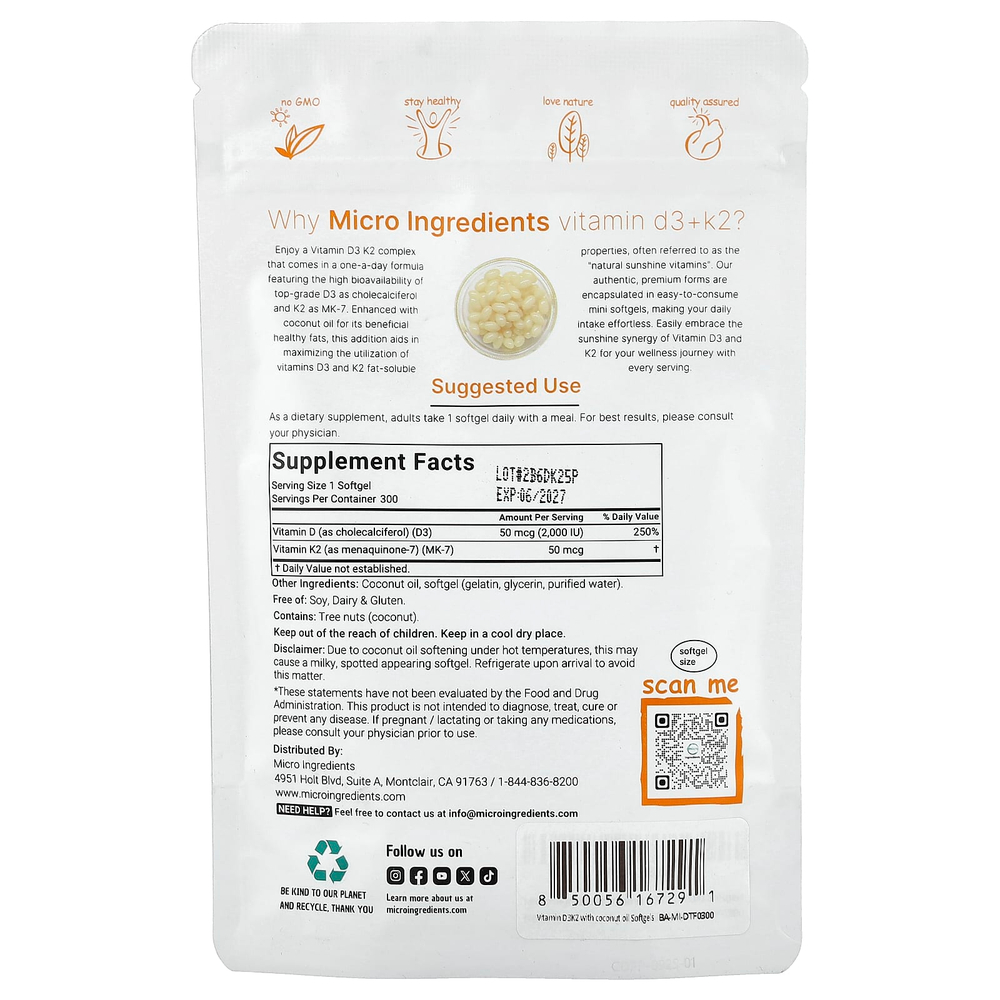 Micro Ingredients, витамины D3 и K2, 300 мягких таблеток
