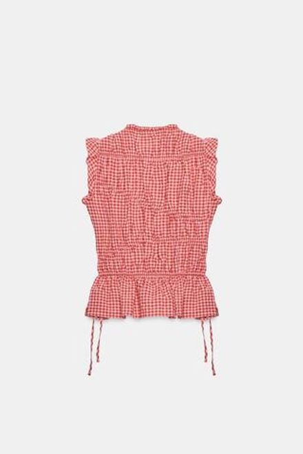 ZARA ТОП В КЛЕТКУ ВИШИ С РЮШАМИ, БЕЛЫЙ/КРАСНЫЙ