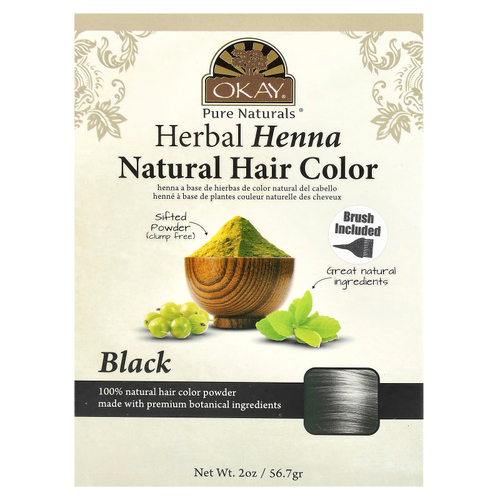 Okay Pure Naturals, травяная краска для волос, хна, черный, 56,7 г (2 унции)