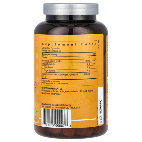 New Nordic, Веганские жевательные мармеладки с куркумой и экстрактом куркумы, манго и апельсин, 60 жевательных мармеладок (150 мг в 1 жевательной мармеладке)