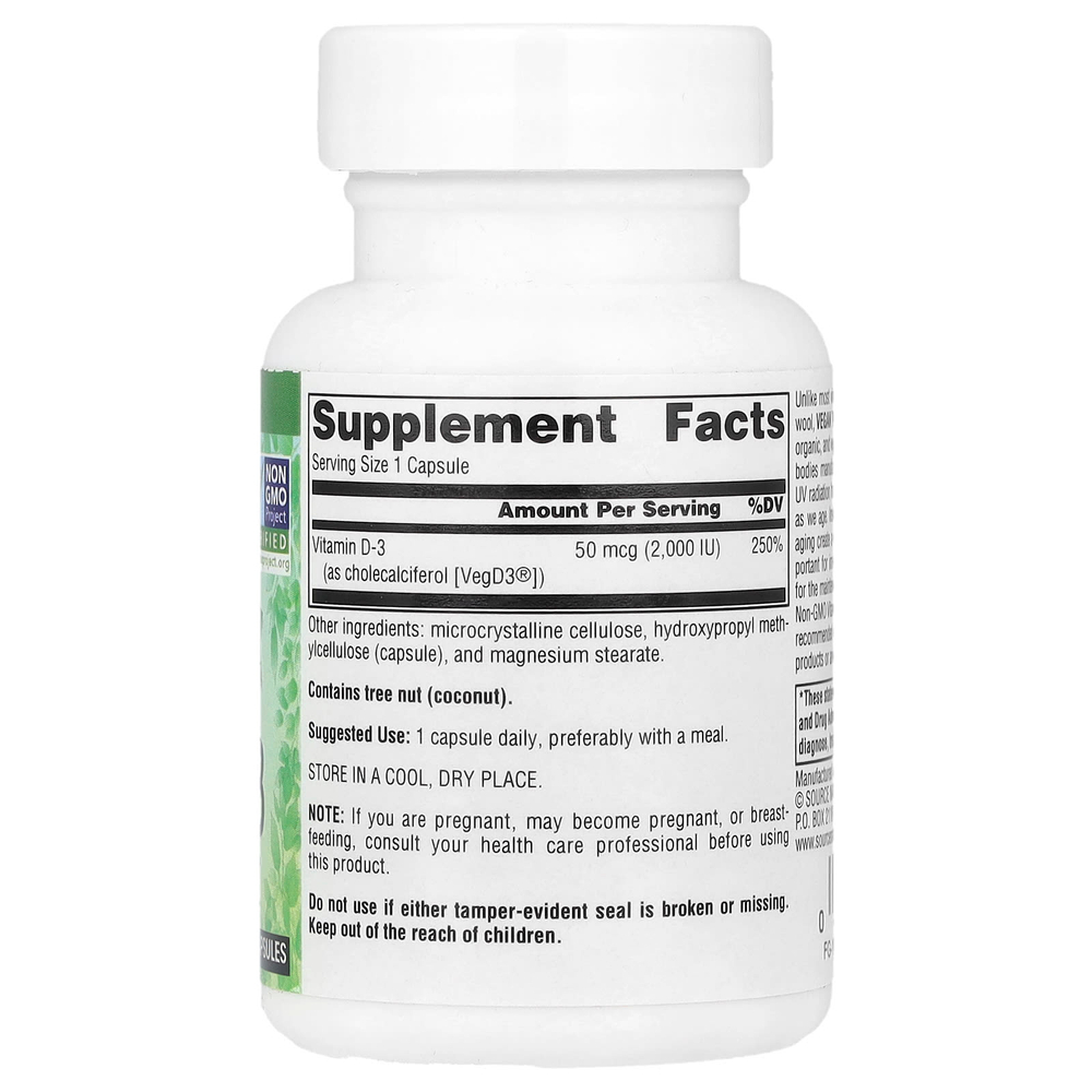 Source Naturals, Vegan True®, витамин D3 без ГМО, 50 мкг (2000 МЕ), 60 веганских капсул