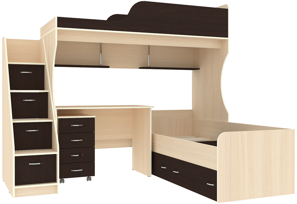 Двухъярусная кровать КарИВи Дуэт-5 с лестницей Комод КарИВиом  Дуб Молочный Венге