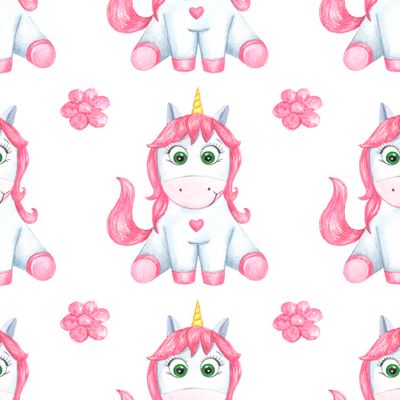Seamless pattern pink happy pony unicorn with flower. An excellent pattern for textiles