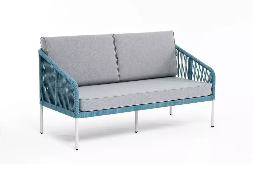 "Канны" диван 2-местный плетеный из роупа, каркас алюминий светло-серый (RAL7035) муар, роуп бирюзовый круглый, ткань светло-серая