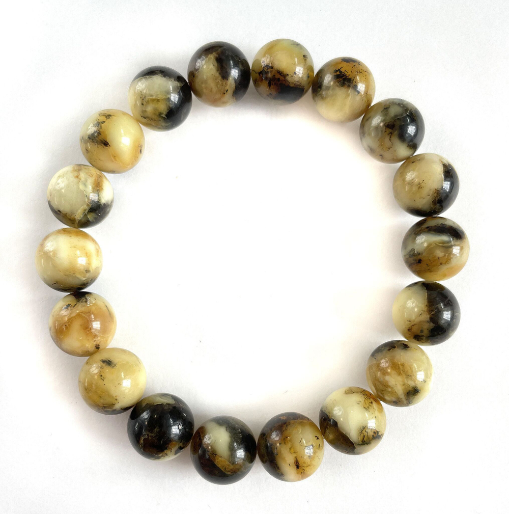 Браслет из янтаря натуральный, бусины 10 мм. Янтарь натуральный камень, белый пейзажный