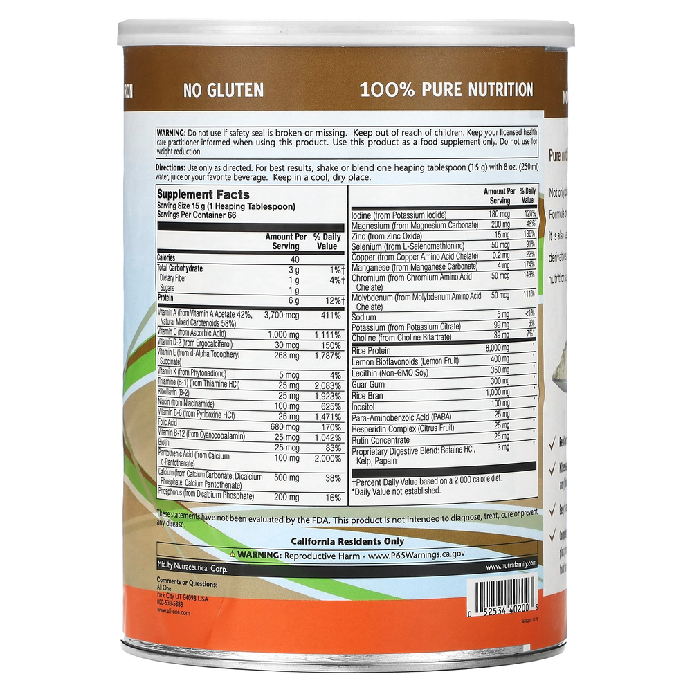 All One, Nutritech, Rice Base, мультивитаминный комплекс из витаминов и минералов, в порошке, без добавок, 1000 г (2,2 фунта)