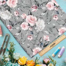 Ткань кулирная гладь бело-розовые цветы на сером