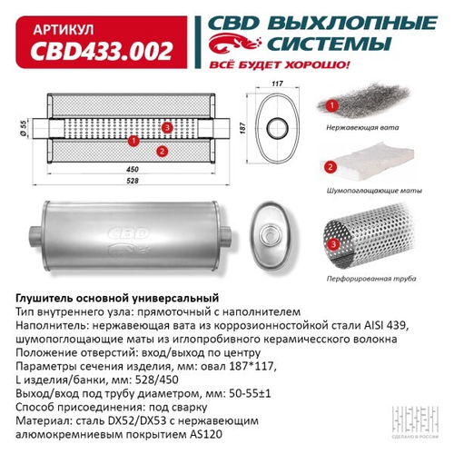 Глушитель основной, прямоточный нерж. Овал D187*117, L528/450 под трубу 50-55мм (CBD)