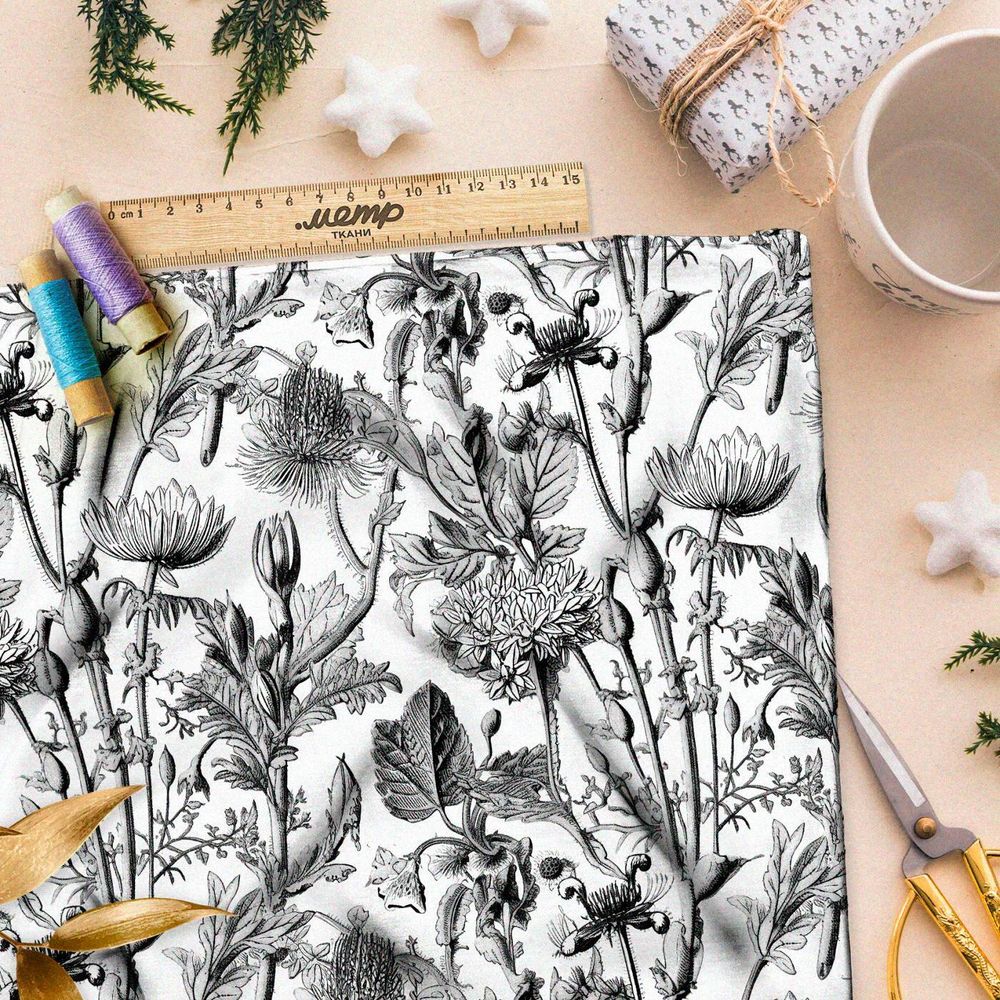 Ткань премиум интерлок графическая ботаника