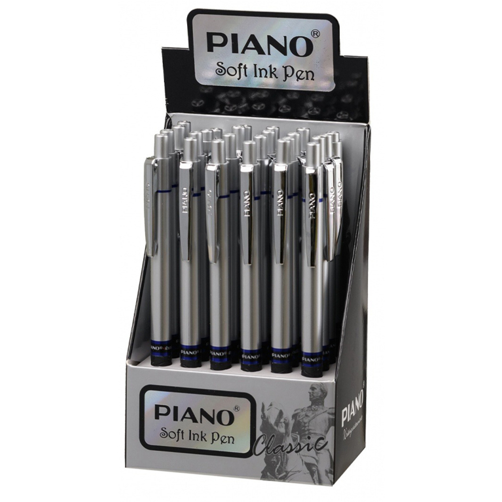 Ручка шариковая, масляная, автоматическая, Piano, синие чернила, серия "Silver", серебристый корпус, 24 шт