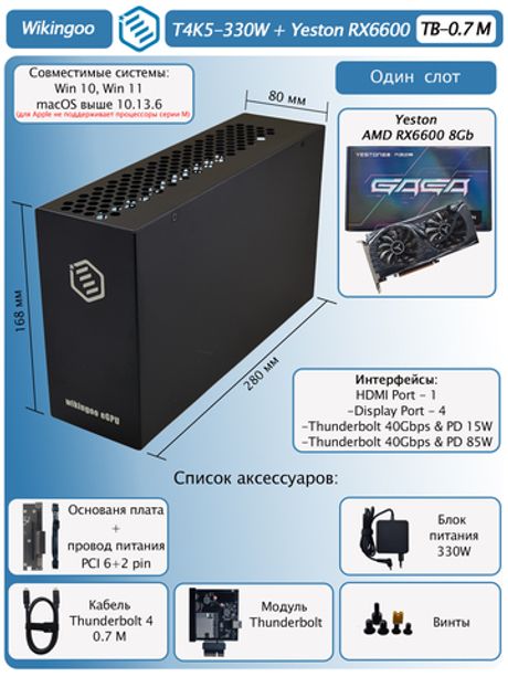 Внешняя видеокарта EGPU Wikingoo T4K5-330W, Yeston AMD Radeon RX 6600 8Gb. Thunderbolt 3/4.