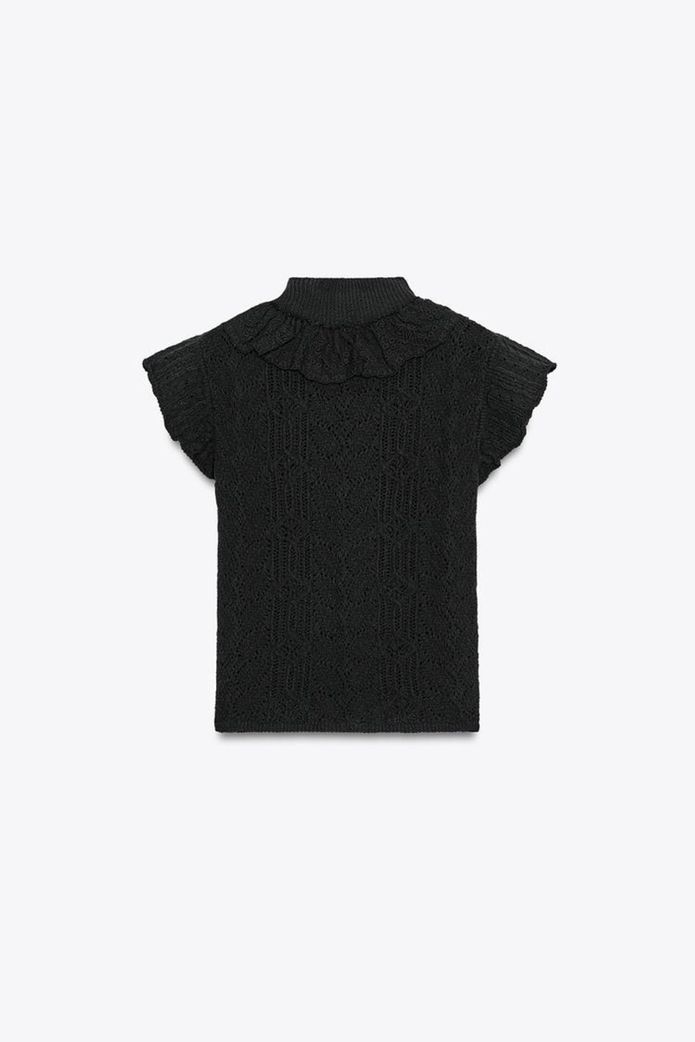 ZARA ТОП ИЗ ТРИКОТАЖА «РИШЕЛЬЕ» С ВОЛАНАМИ, ЧЕРНЫЙ