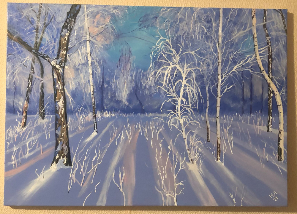 Картина маслом на холсте Зимний лес. 50х70 см ручная работа