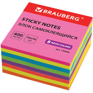 Блок самоклеящийся (стикеры), BRAUBERG, НЕОНОВЫЙ, 76×76 мм, 400 листов, 8 цветов, 126686