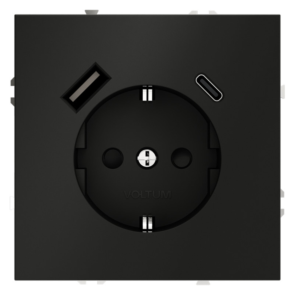 Розетка встраиваемая VOLTUM S70 с заземлением и защитными шторками, 16А, с USB, A+С, (черный матовый)