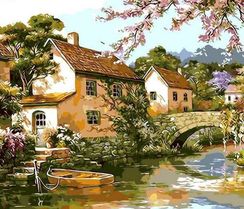 Картина по номерам "Двухэтажные домики у реки"