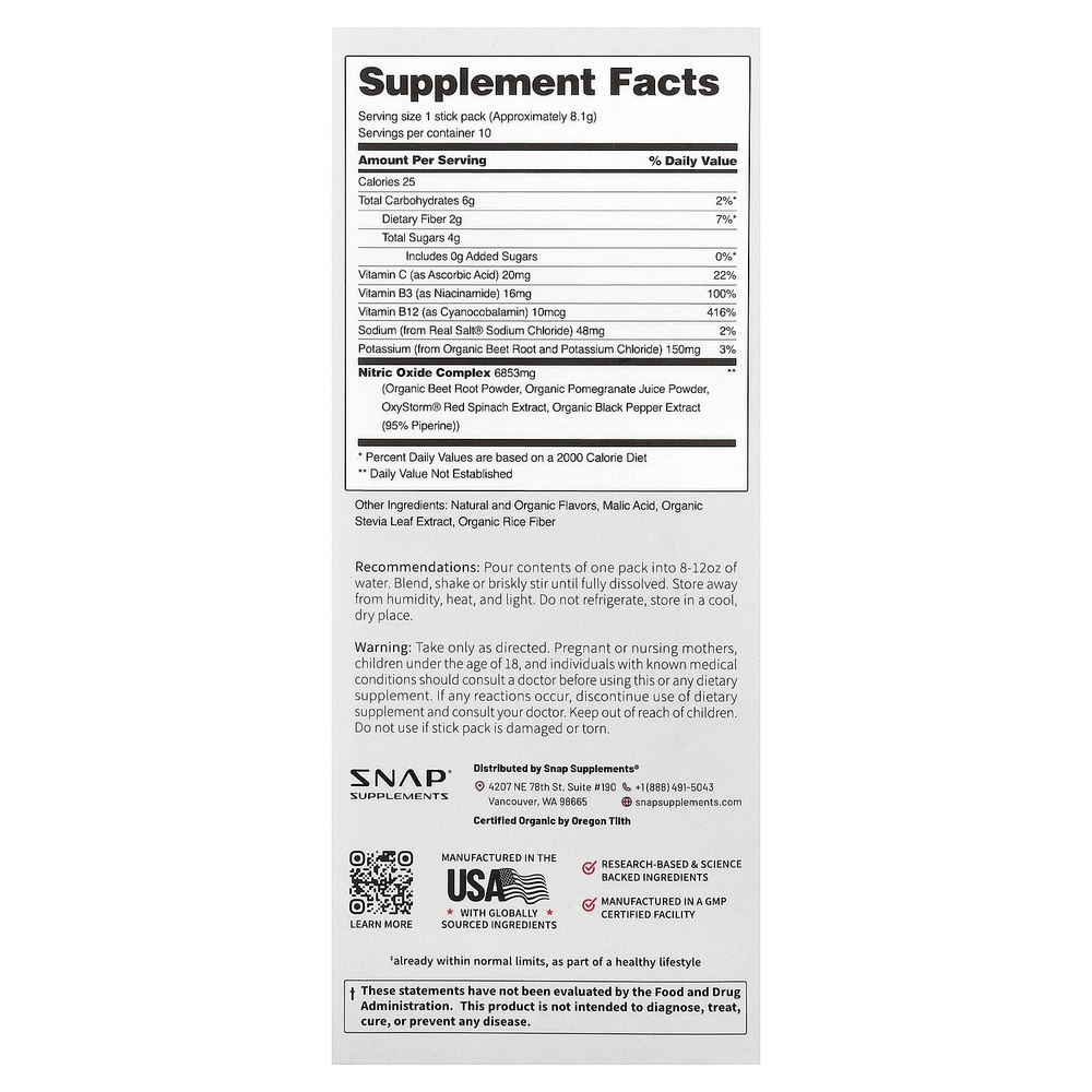 Snap Supplements, оксид азота, суперфуд для поддержки кровообращения, 3 в 1, ягодное ассорти, 10 стик-пакетов по 8,1 г (0,29 унции)
