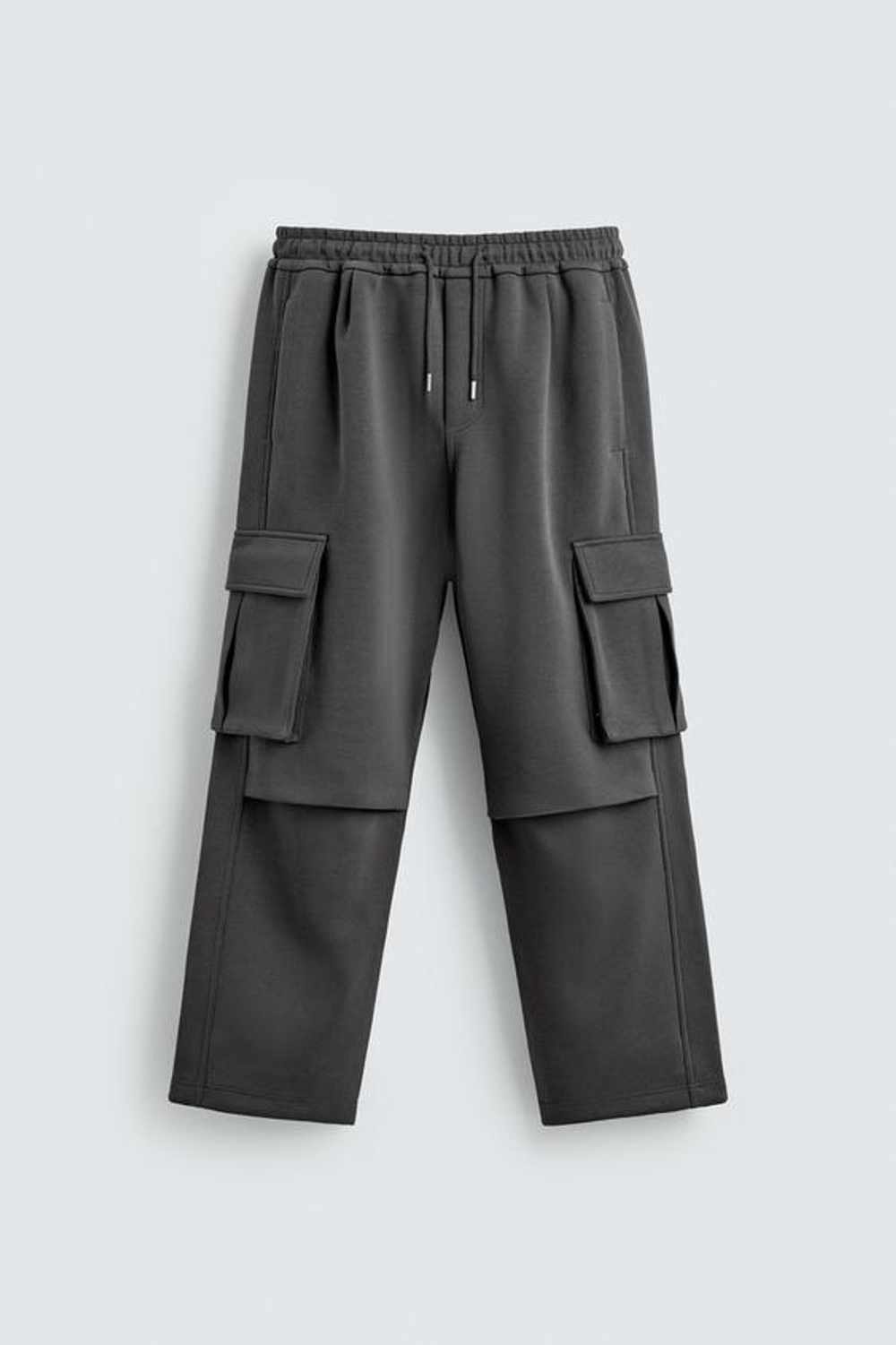 ZARA БРЮКИ КАРГО ИЗ НЕОПРЕНА СО СКЛАДКАМИ, СЕРО-СИНИЙ