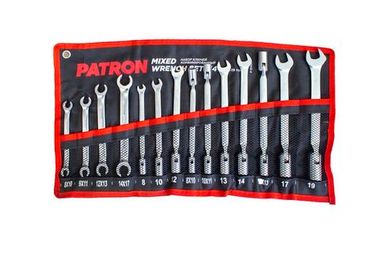 Набор ключей комбинированный 14 пр. на полотне: рожково-торцевые шарнирные 7 пр.(8,10,12,13,14,17,19мм), торцевые шарнирные 3 пр.(8x10,10x11,12x13мм), PATRON P-5145R