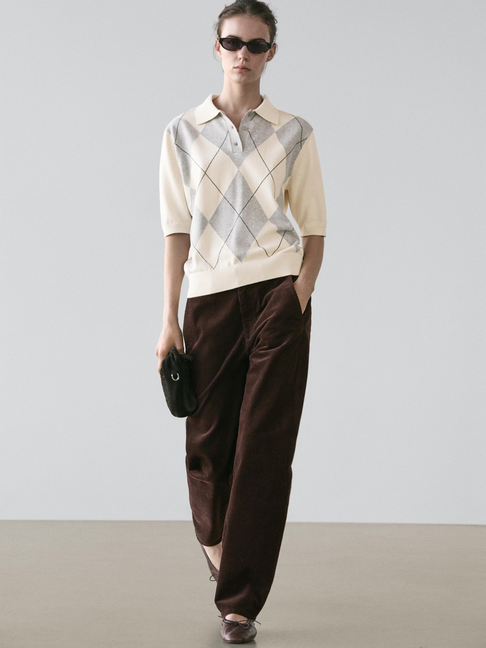 Massimo Dutti Поло с узором ромбы, натуральный/кремовый