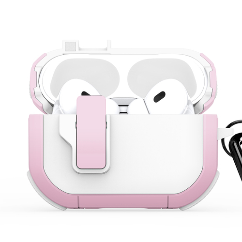 Чехол белый с розовыми вставками (WhitePink) от Dux Ducis для наушников AirPods Pro 2, серия PECP Series Case, в комплекте с карабином