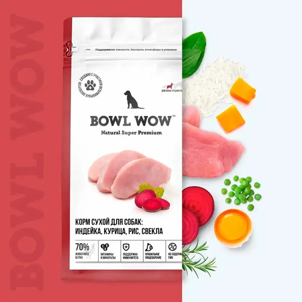 Уценка! Срок 27.08.26/ Сухой корм BOWL WOW для собак средних пород с индейкой, курицей, рисом и свеклой
