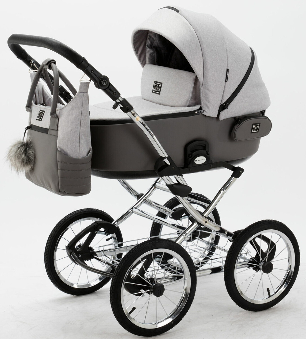 Детская коляска Adamex Porto Retro 2 в 1 PO-PS79 (СВ.СЕРЫЙ+Т.СЕРАЯ КОЖА)