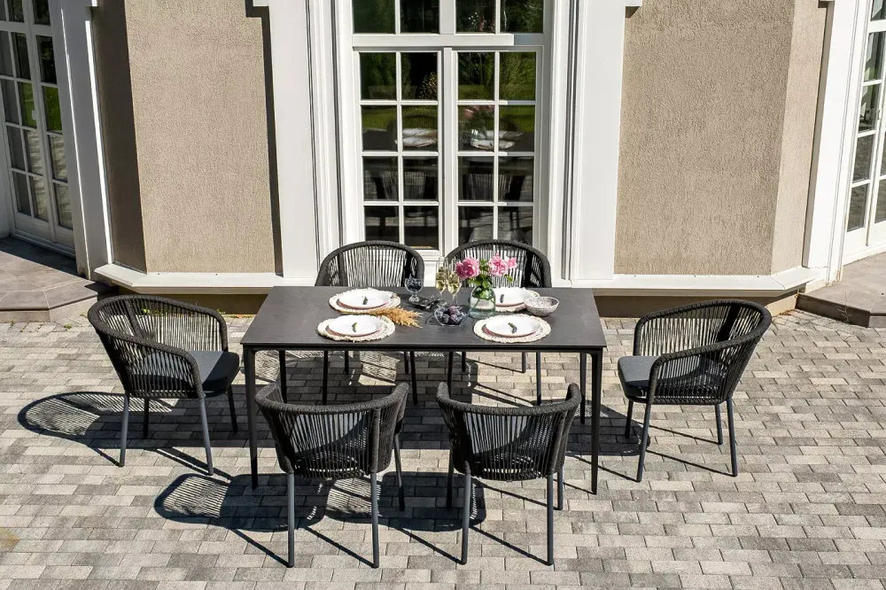 "Малага" обеденная группа на 6 персон со стульями "Марсель", каркас темно-серый, роуп темно-серый