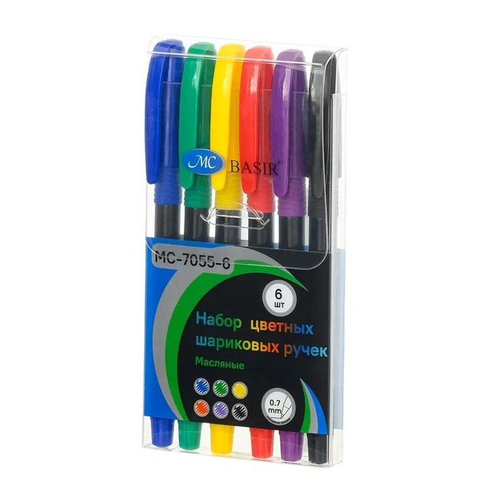 Ручка шариковая, масляная, Basir, цветные чернила, чёрный корпус, набор 6 шт