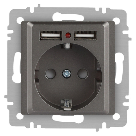 Розетка Intro Accent 6-410-09 с заземлением 2P+E Schuko со шторками 16А-250В + 2хUSB IP20 СУ титан