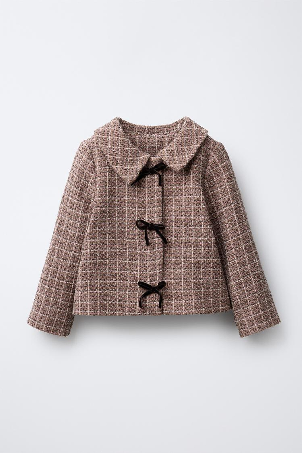 ZARA КУРТКА ИЗ РЕЛЬЕФНОЙ ТКАНИ В КЛЕТКУ С БАРХАТНЫМИ БАНТАМИ, ПАСТЕЛЬНО-РОЗОВЫЙ