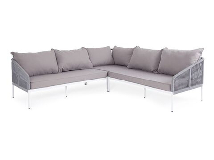 "Канны" диван модульный плетеный из роупа, каркас алюминий белый, роуп светло-серый круглый, ткань светло-серая
