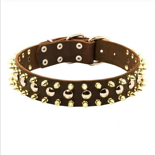 Ошейник для средних и крупных собак с шипами цвет коричневый, латунь №40 40 см "FOUR-PAWED CHARM" артикул S57