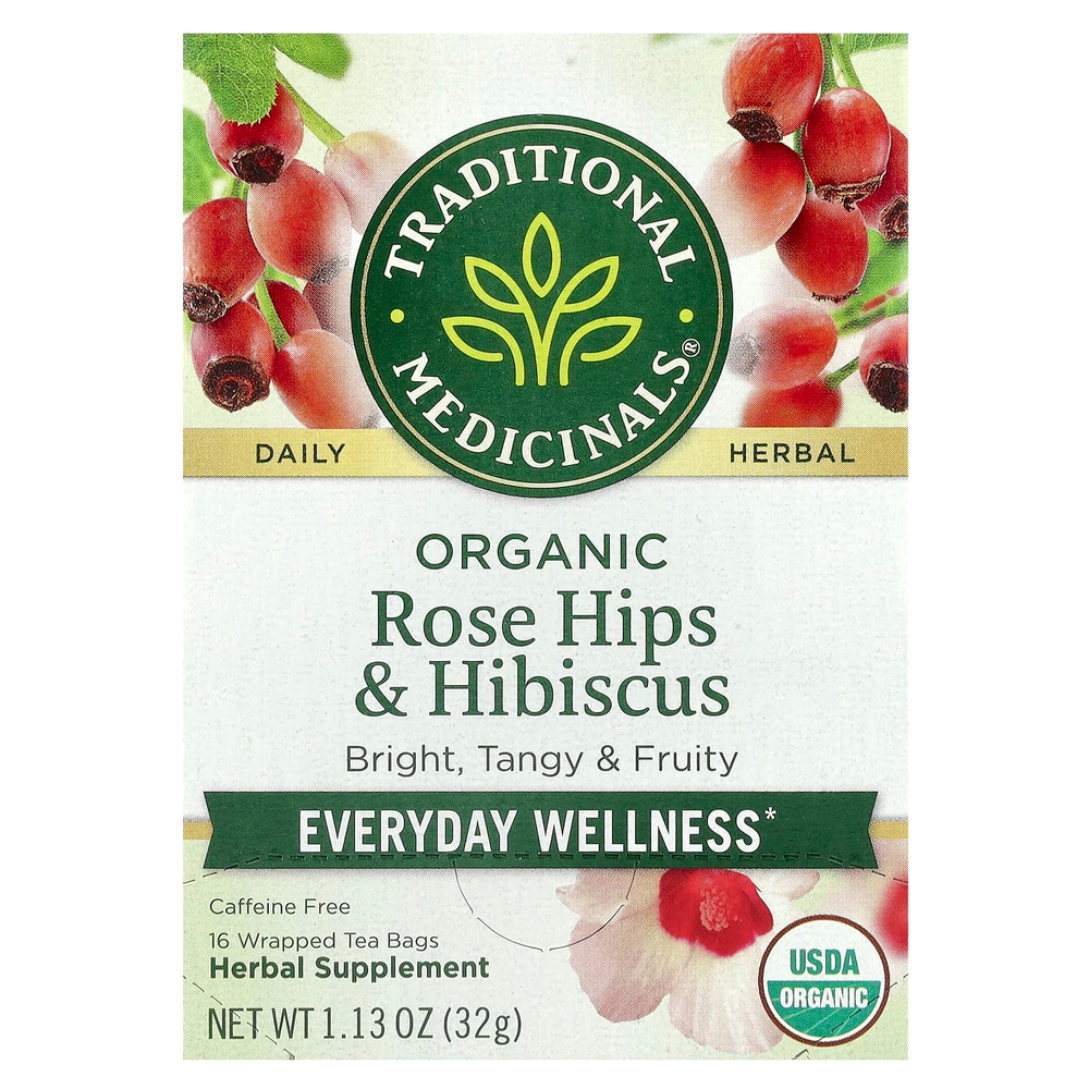 Traditional Medicinals, органические шиповник и гибискус, без кофеина, 16 чайных пакетиков, 32 г (1,13 унции)