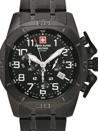С браслетом Мужские наручные часы с черным браслетом Swiss Alpine Military 7063.9177 chronograph 45mm 10ATM