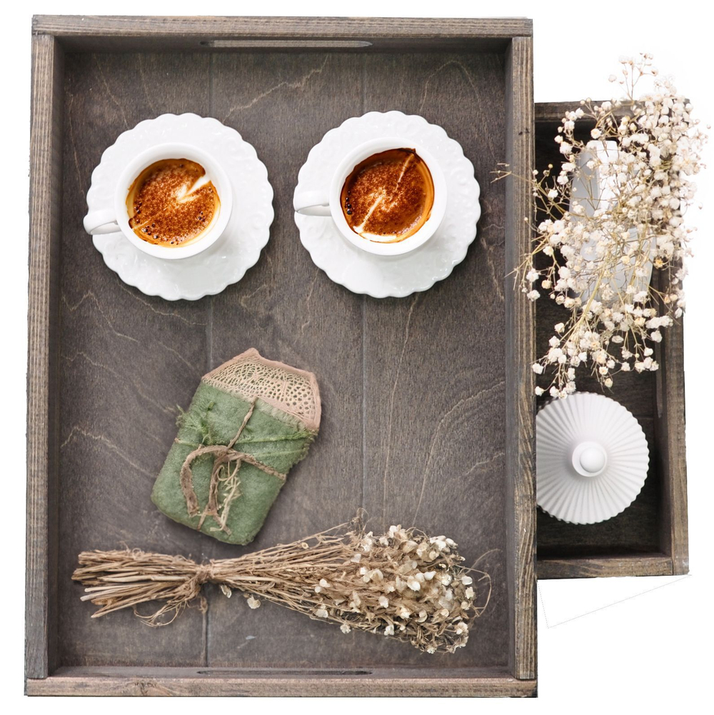 Набор деревянных подносов 38х28 см в стиле рустик (состаренный), 2 шт, столики для завтрака в постель Флоутард, для кухни, бурый